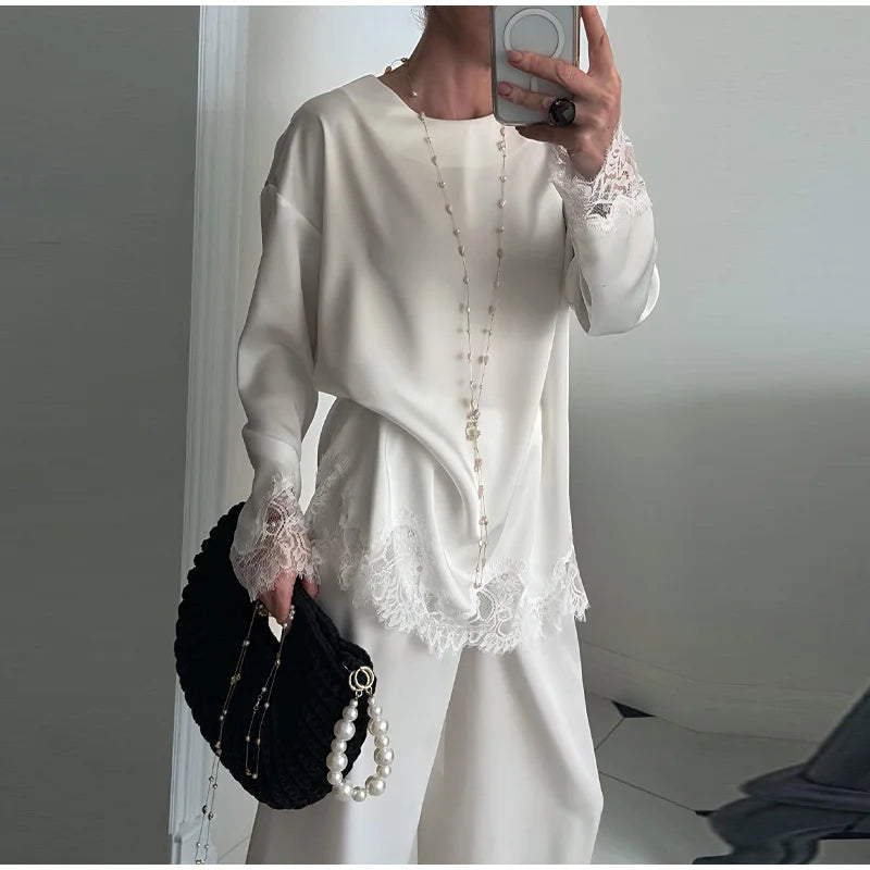Elegant Lace Loose Dress Women Solid O-neck Full Sleeve Patchwork Dresses Female 2026 Summer White Robe Lady