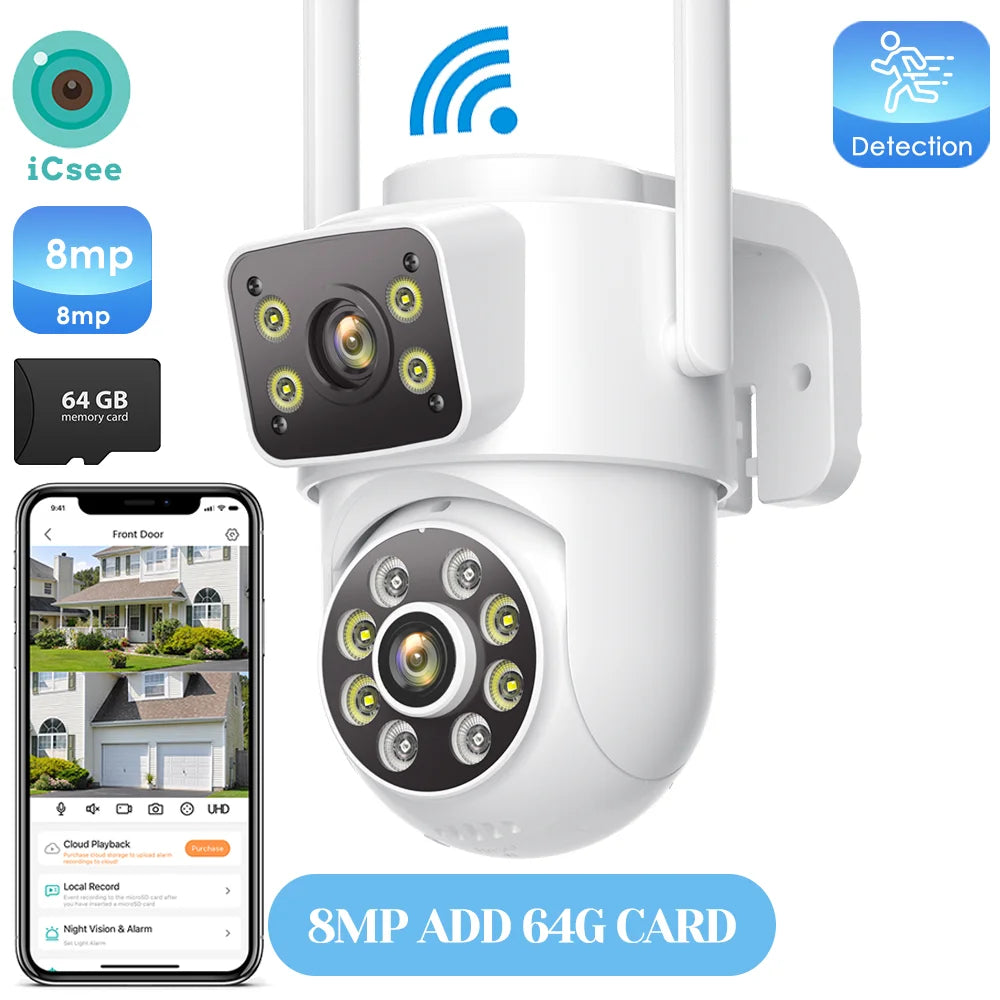 8MP 4K Outdoors Wifi Camera Dual Lens Security PTZ IP Camera 5X Digital Zoom Lens Human IP66 Waterproof Auto Detect Tracking Cam