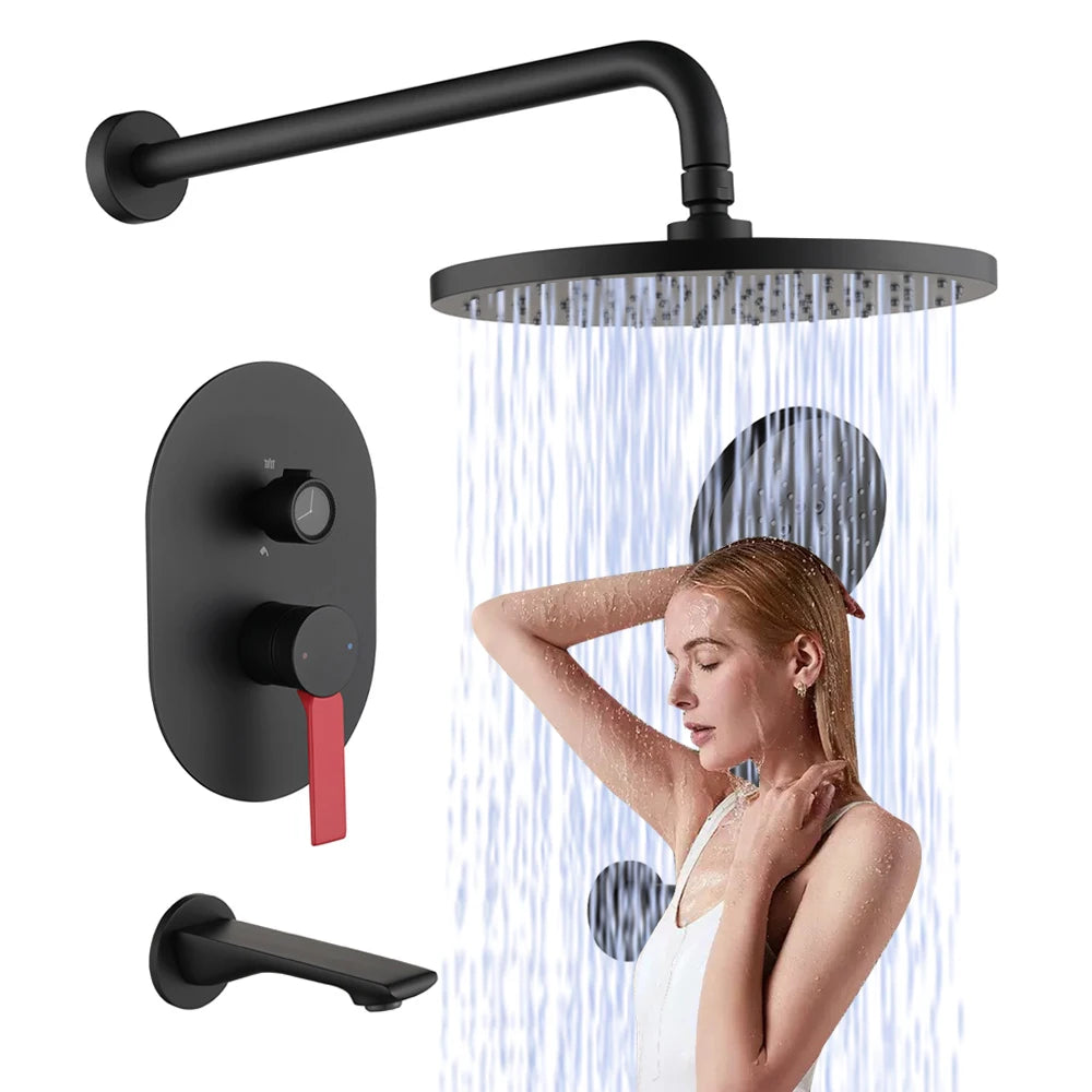 High End Matte Black Concealed Rain Shower System Modern Bathtub Thermostatic Shower Set 3 Modes Rainfall Bathroom Shower Faucet