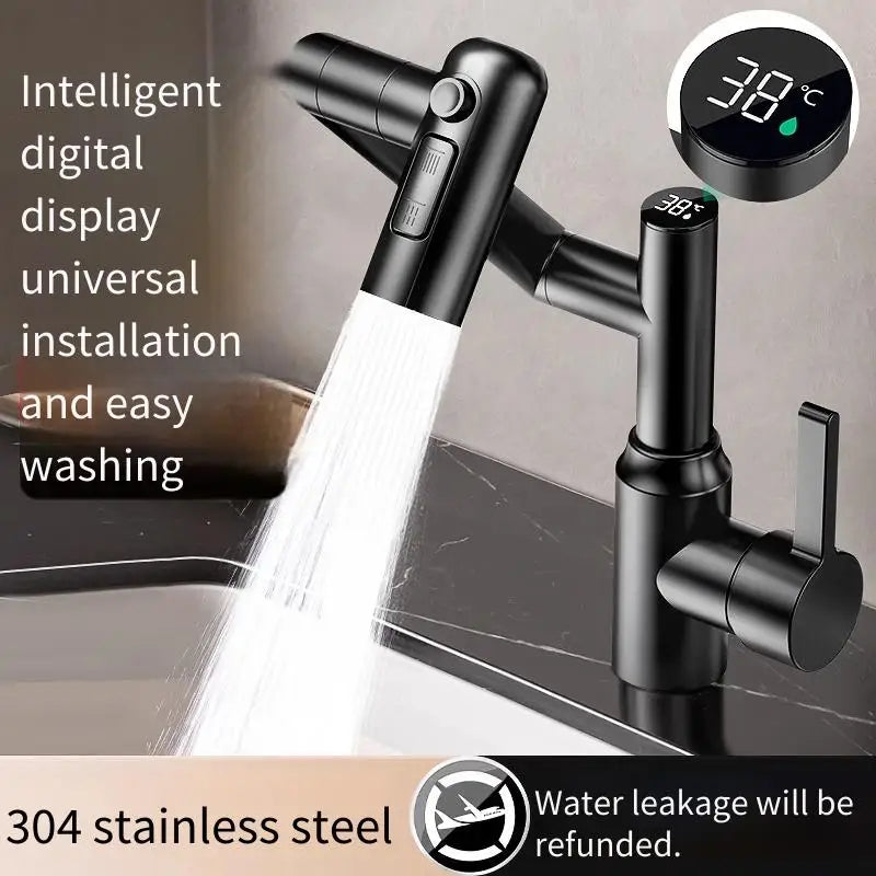 Stainless Steel Faucet Washbasin Bathroom Multi-functional Robotic Arm Universal Rotation for Hot and Cold Water Digital Display