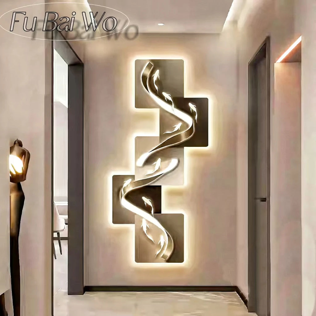 Nine Fish Entrance Decoration Painting, Modern Light Luxury Wall Clock Painting, Corridor, High end LED Light Mural Painting