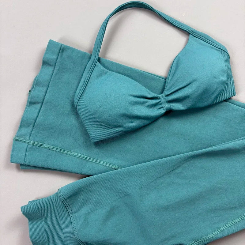 Sexy Women Flare Leggings Set Seamless Hip Lifting Fitness Flared Pants Suit Open Back Gym Strappy Bra Yoga Flares Legging Sets