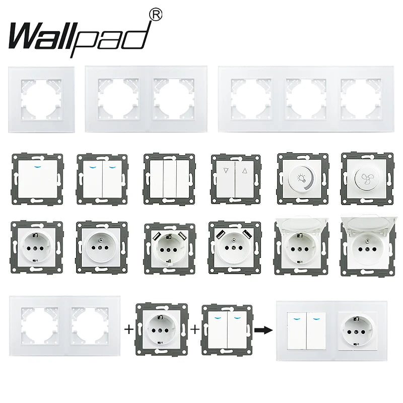 Touch Light Switch With EU Power Wall Sockets White Black 300W Led 1 Gang 1 Way Crystal Glass Panel Interruptor 157mm*86mm
