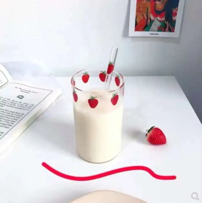 300ml 10oz High borosilicate Nana Cute Strawberry Water Milk Drinking Glasses Cup With Straw
