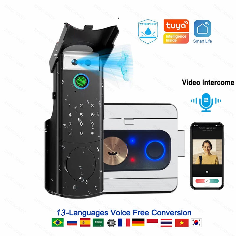 Waterproof Intercom Face Recognition Tuya Wifi Fingerprint Code RFID Card Smart Lock with Doorbell/Rechargeable Li-Battery/Keypa