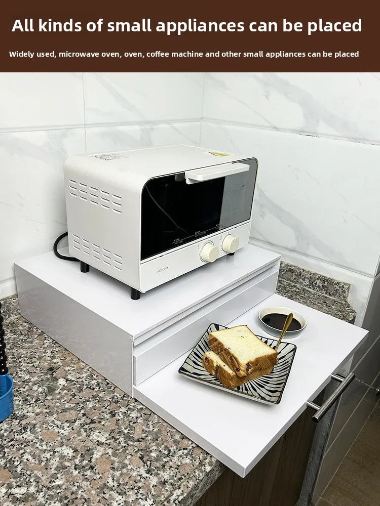 Pull-Out Kitchen Organizer Drawer Microwave Shelf with Extendable Board Countertop Oven Storage Rack Space-Saving Prep Station