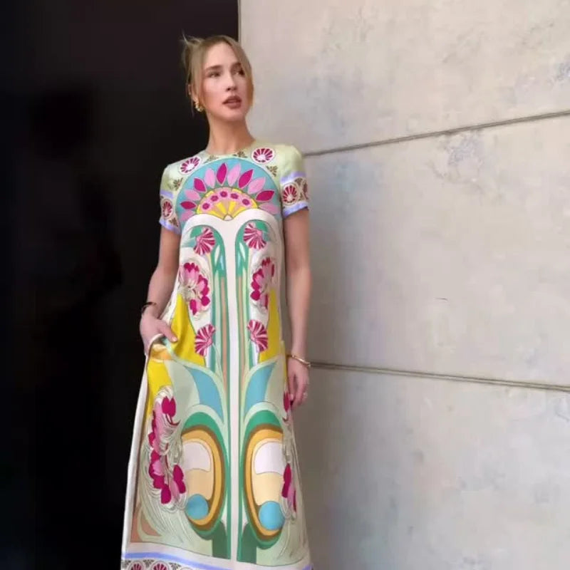 Printed Women's Dress Half Sleeve Round Neck Long Dress Tassel Hem Dress Daily Fashion Outfit Suitable for Date Party 2026