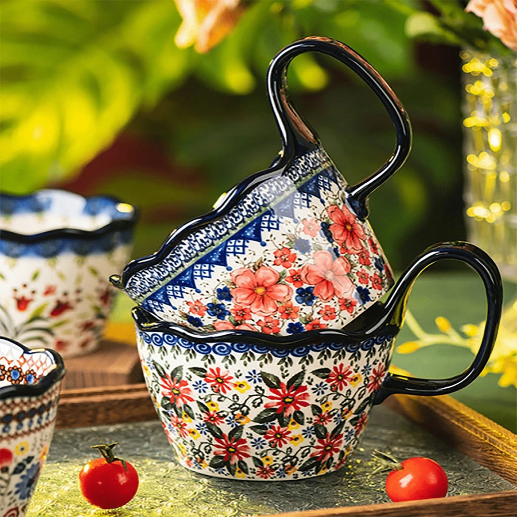 1pc, Bohemian Style Ceramic Cup, with Handle for Easy Removal, Coffee Cup, Afternoon Tea Cup, Breakfast Cup, Milk Cup