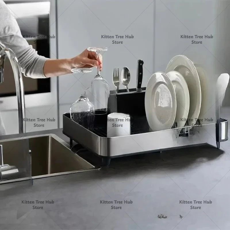 Kitchen Drainage  Rack  Drying Rack Cupboard Storage Cutlery Rack Adjustment Automatic Pull-out Water