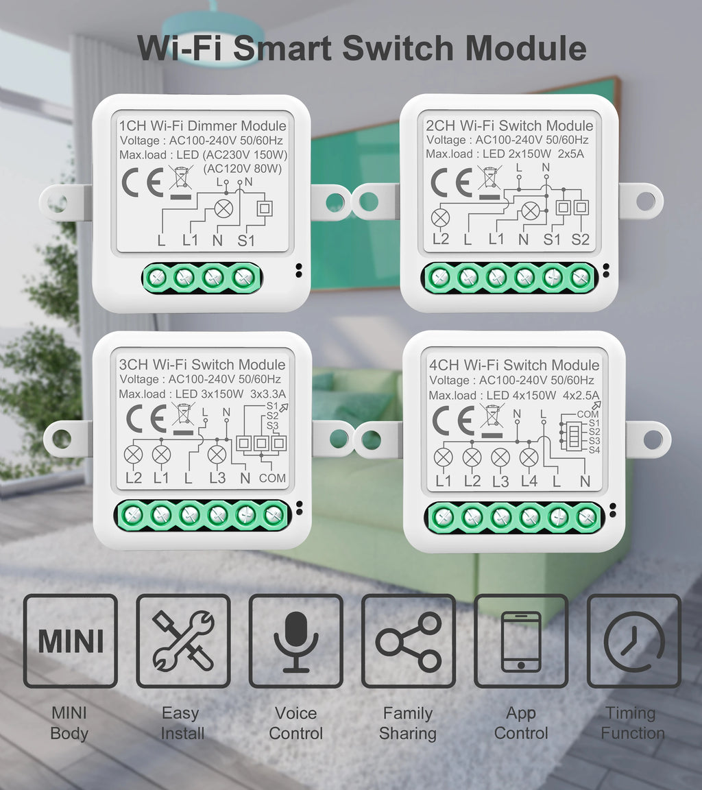 WiFi Smart Switch Module Electrical Switching Breaker 1/2/3/4Gang Lighting Switch Module Mobile for Tuya Smart APP Control Alexa