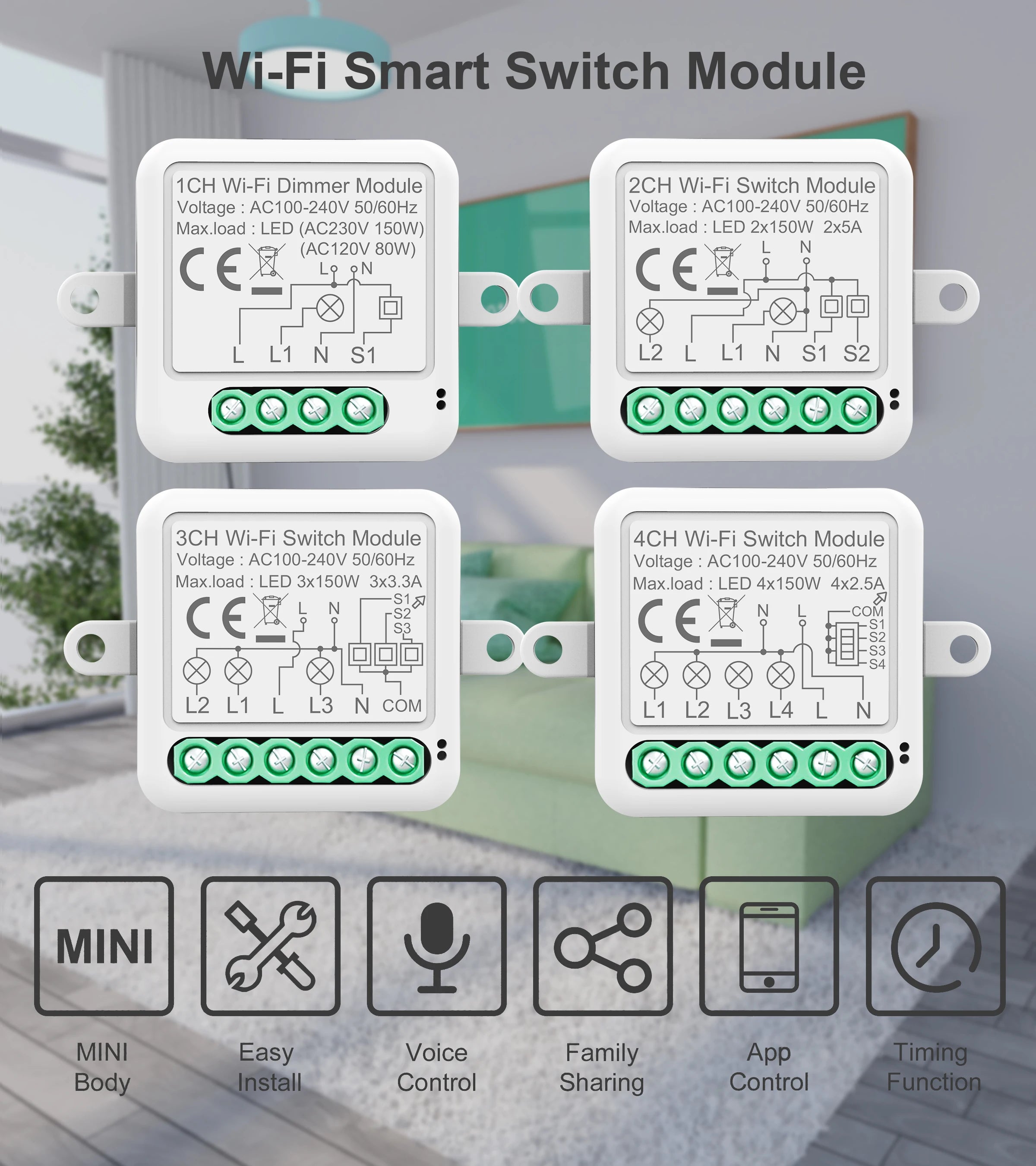 WiFi Smart Switch Module Electrical Switching Breaker 1/2/3/4Gang Lighting Switch Module Mobile for Tuya Smart APP Control Alexa