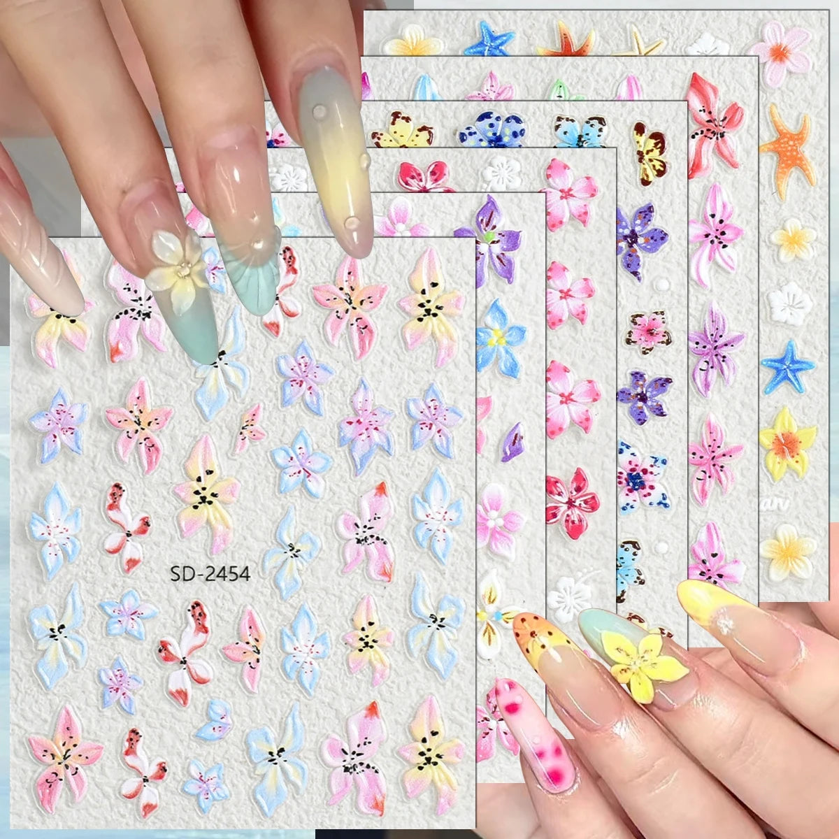 3 to 120 Sheets Tropical Flower Nail Stickers Hibiscus Butterfly Starfish Nail Decals 5D Embossed Self Adhesive Summer Nail Art