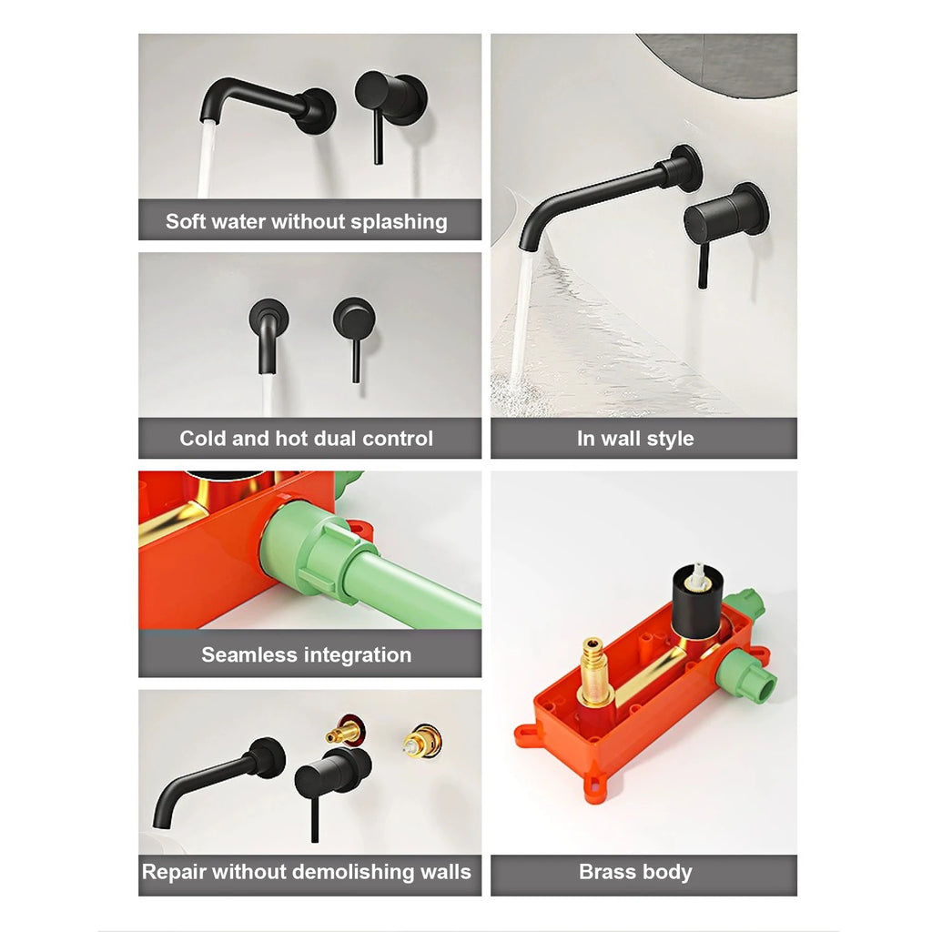 Modern Wall-Mounted Black Brass Bathroom Faucet with Concealed Design 2-Hole Single Handle Cold and Hot Dual-Control Basin Tap
