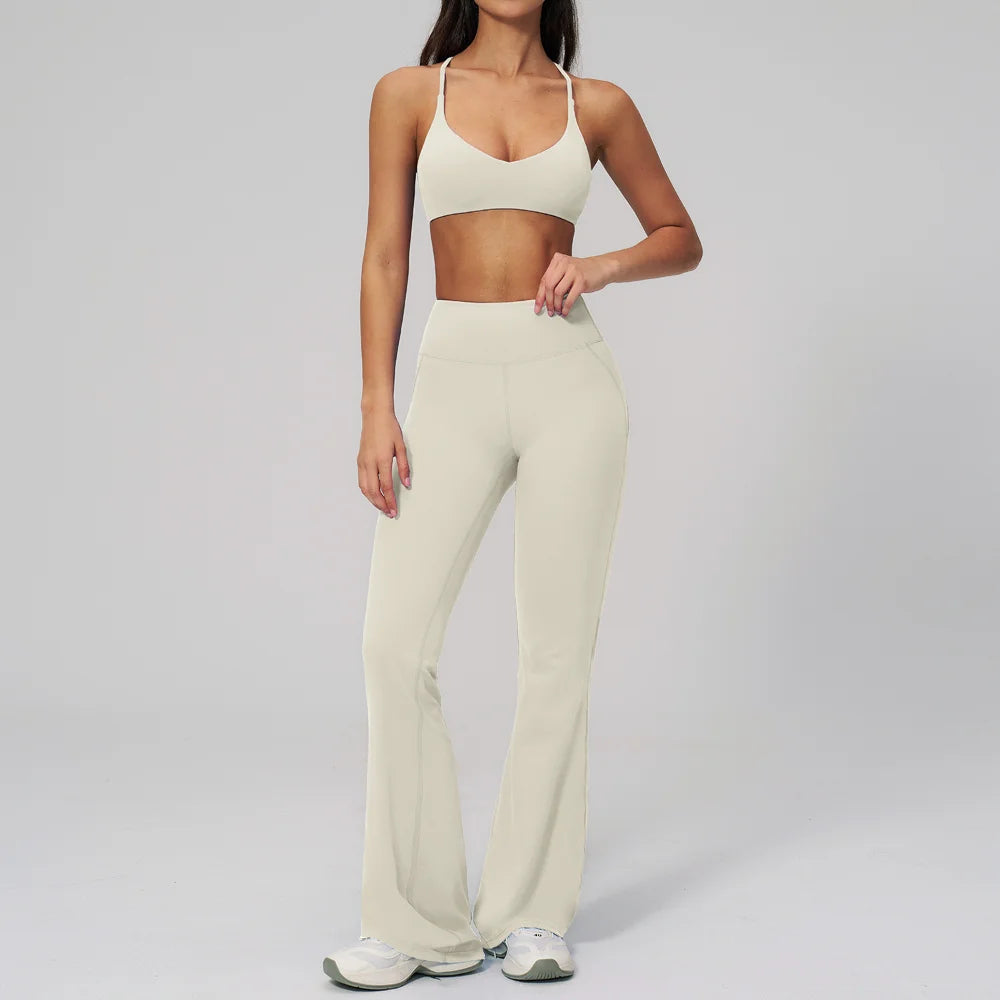 2PCS Flared Pants Yoga Set Women's Tracksuits Gym Fitness Outfits Sports Sets Female Shockproof Sports Bra Yoga Workout Clothes