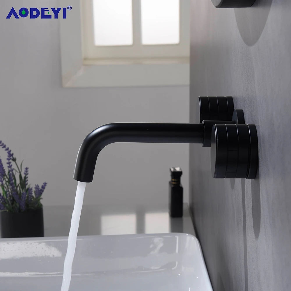 Black Bathroom Faucet Brass Double Lever Wall Mounted Sink Faucets Hot Cold Water Polished Taps Basin Mixer Brushed Gold Tap Set