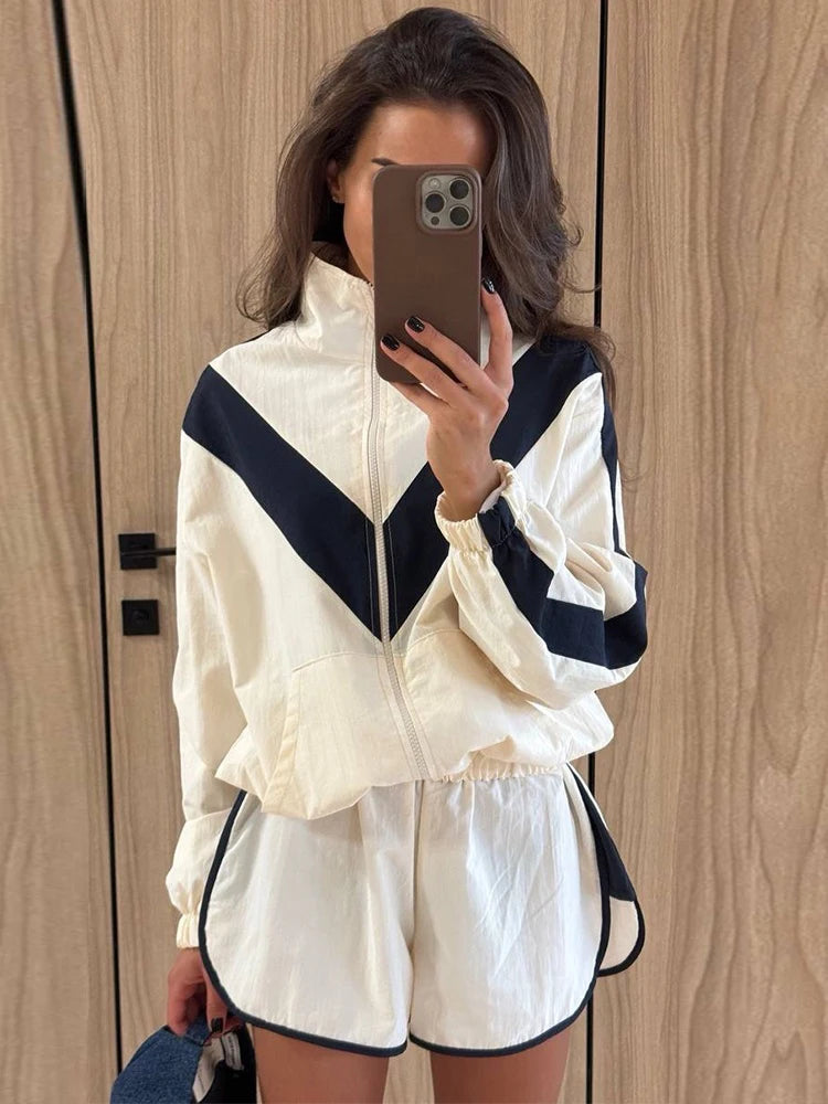 Lady'snavy Chevron Stripe Windbreaker Tracksuit Zip Cropped Jacket Contrast Trim Shorts 2026 Casual Sport Daily Jogging Street