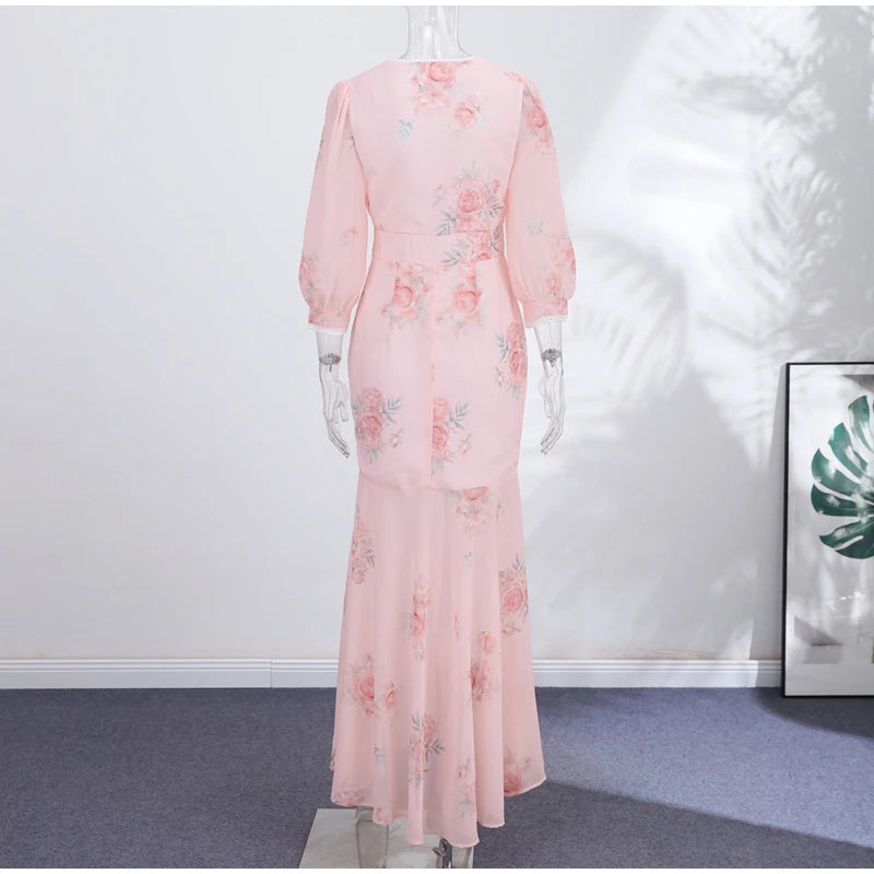 Elegant Print Women Long Dress Chic Ruffle Pleated Short Sleeve V-neck Waist-Closed Female Dresses 2026 Summer Beach Lady Robe