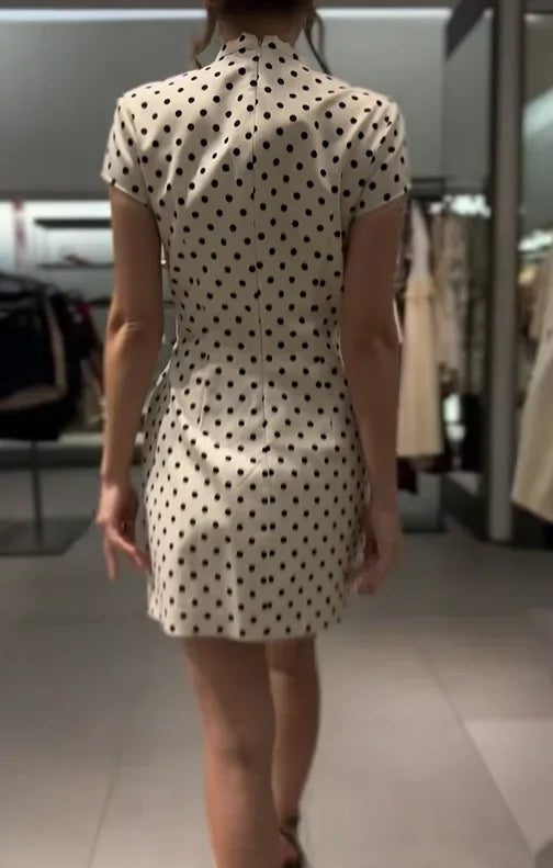 Elegant Lace-up Polka Dot Mini Dress Lady Chic Short-sleeved Waist Cinching Slim A-line Vestidos 2026 Women Evening Party Gowns