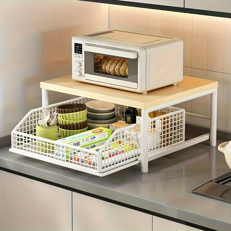 Space-Saving Kitchen Countertop Organizer Made of Sturdy Hardwood with Drawer and Wire Basket for Coffee Maker