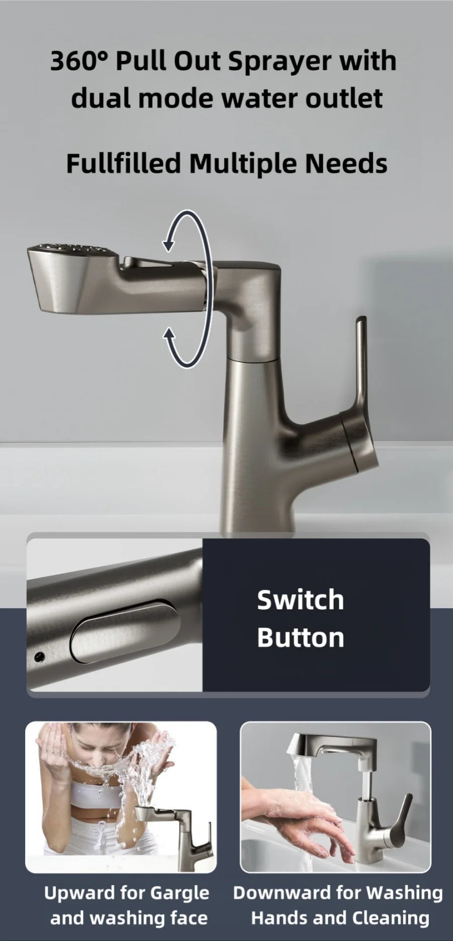 Bathroom Sink Faucet with Pull Out Sprayer Single Handle Single Hole 2 Spray Modes Bathroom Faucet Hot & Cold Water Mixer Tap