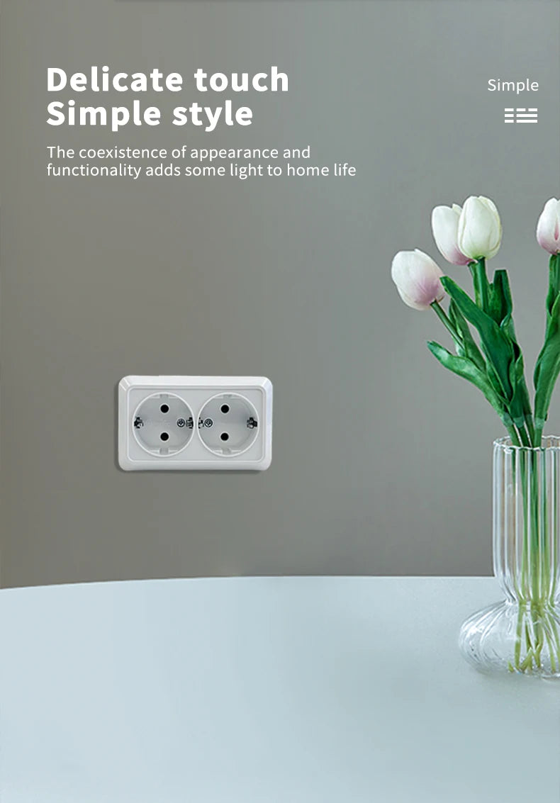 WESA White Wall Surface 2 Sockets Plugs EU Exterior Electrical Outlets With Ground Power Socket Flame Retardant Paint Plastic