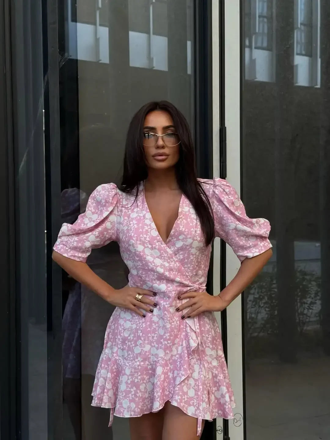 Elegant Printed Lace Up Dress Women V-neck Puff Short Sleeve Waist-cinching Mini Dresses Lady Daily Street Gowns 2026 Summer