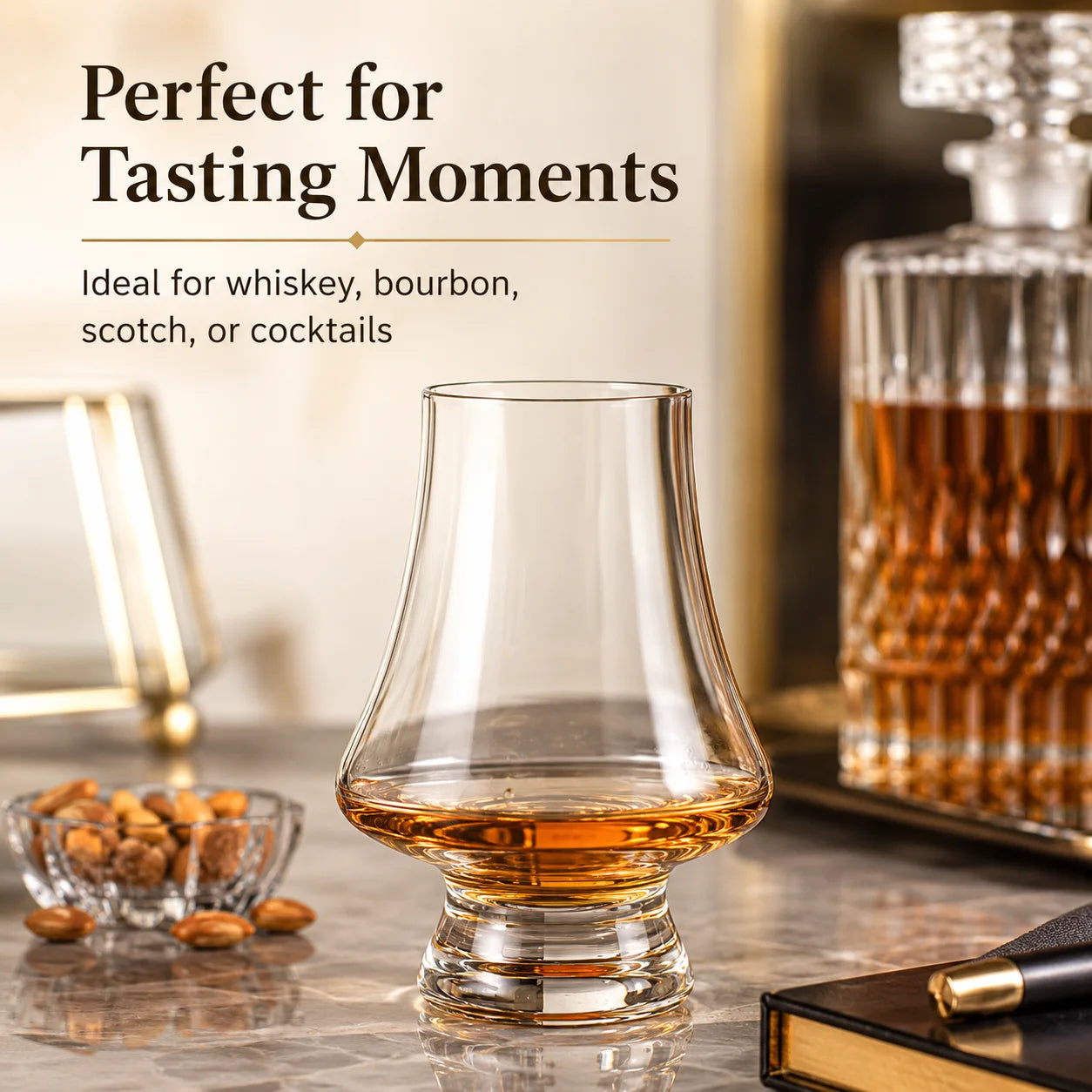 Whiskey Tasting Glasses Set of 2 with Black Walnut Wood Base, 8.5 oz Crystal Glasses with Label Slots