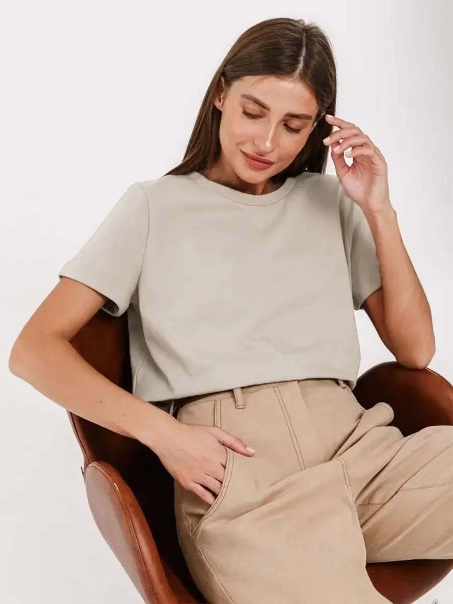 Wolfeel Summer 100% Cotton Women's T-shirt Bottoming Basic Fashionable Solid Lady Short Sleeve Loose Tops Shirts 230g/㎡ Tops