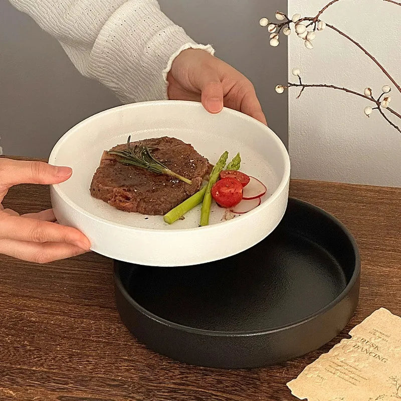 Black White Matte Ceramic Deep Plate Soup Bowl Plates Salad Plate Vintage Round Fruit Plates Western Steak Main Course Plate