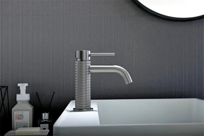 Brushed Rose Gold Bathroom Faucet Brushed Gold Basin Faucet Art Carved Sink Tap Hot & Cold Grey Lavatory Faucet Crane Water Tap