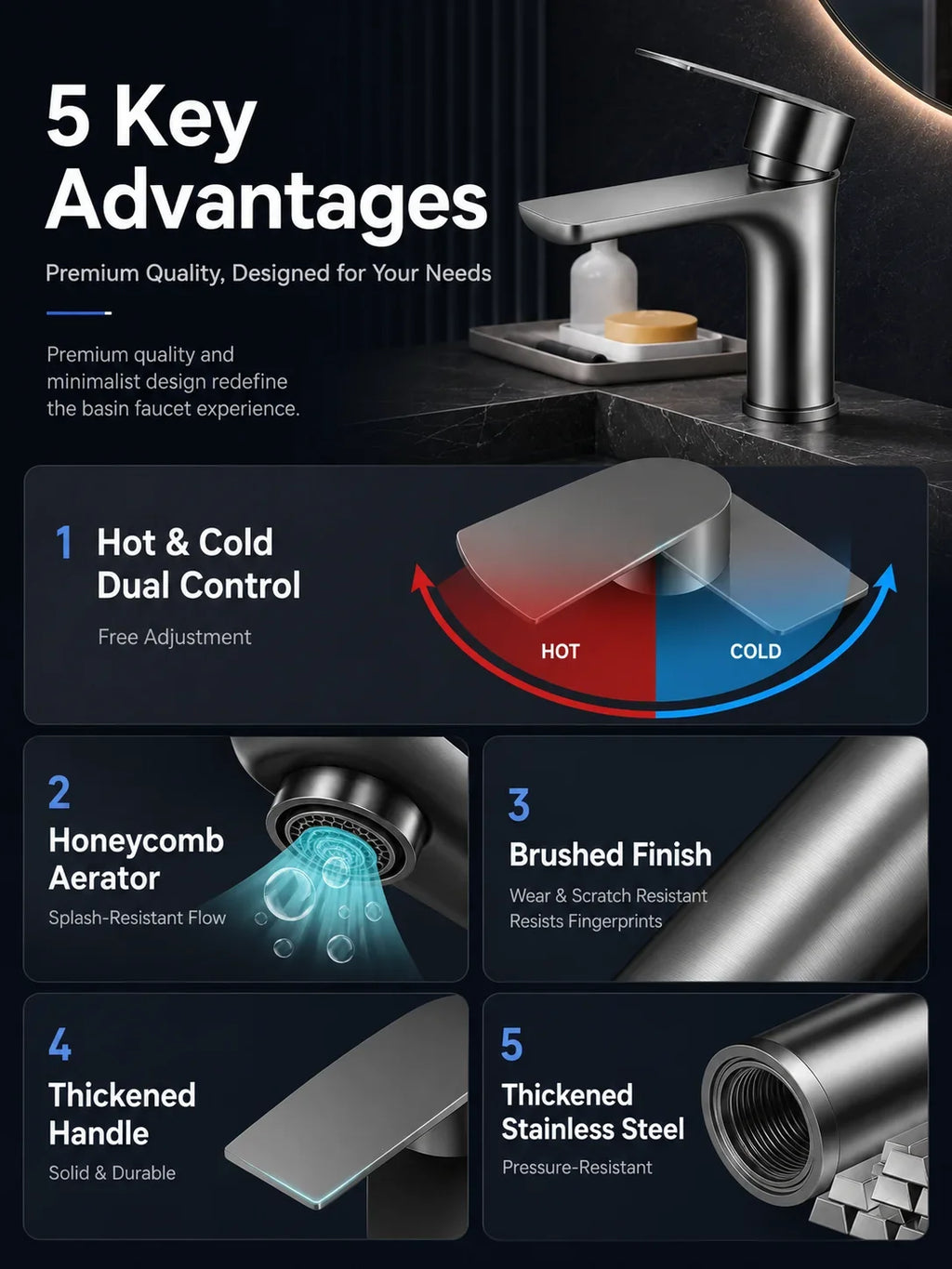 304 Stainless Steel Bathroom Sink Faucet Hot Cold Mixer Tap Single Handle Washbasin Faucet for Vanity