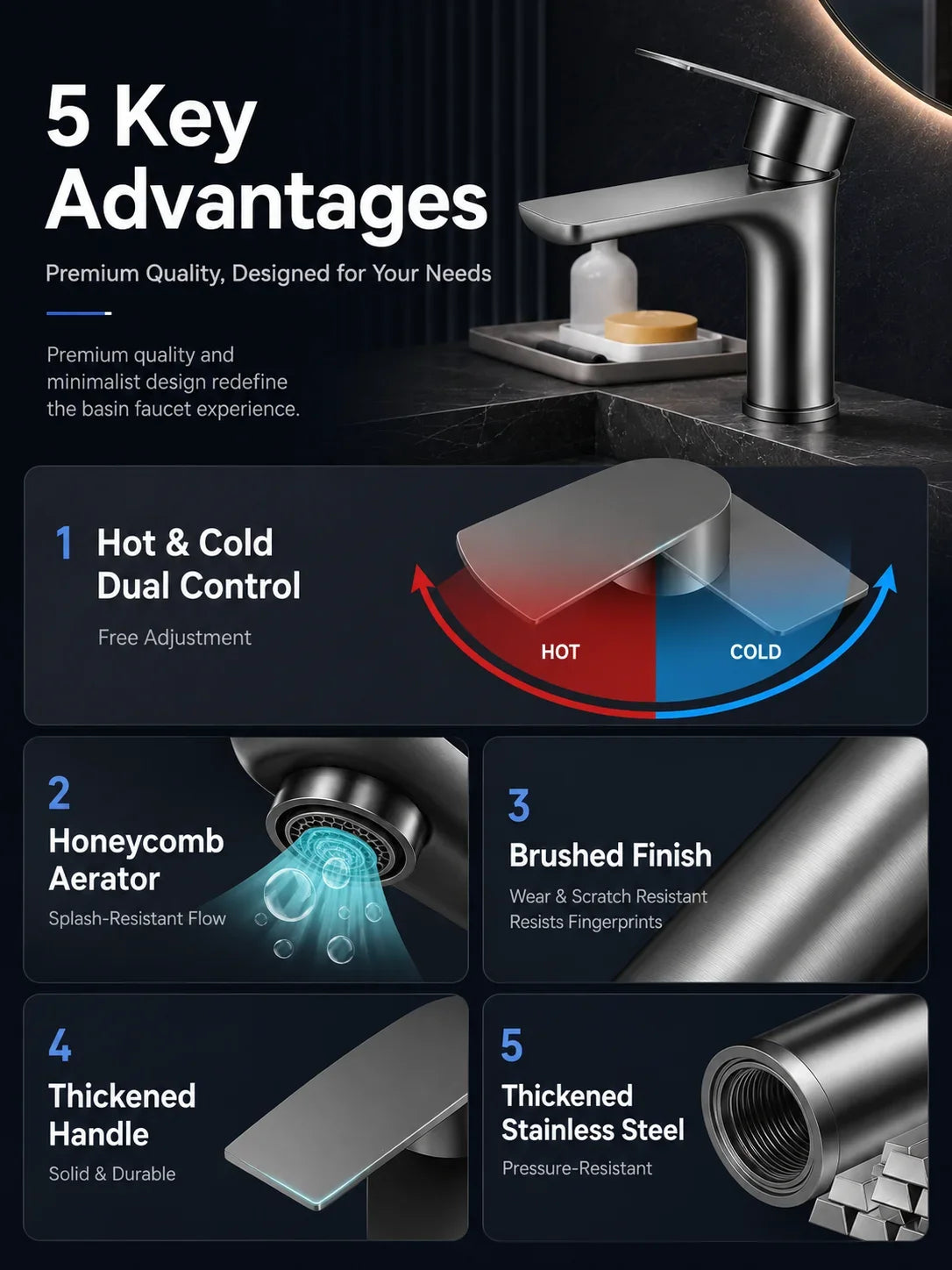 304 Stainless Steel Bathroom Sink Faucet Hot Cold Mixer Tap Single Handle Washbasin Faucet for Vanity