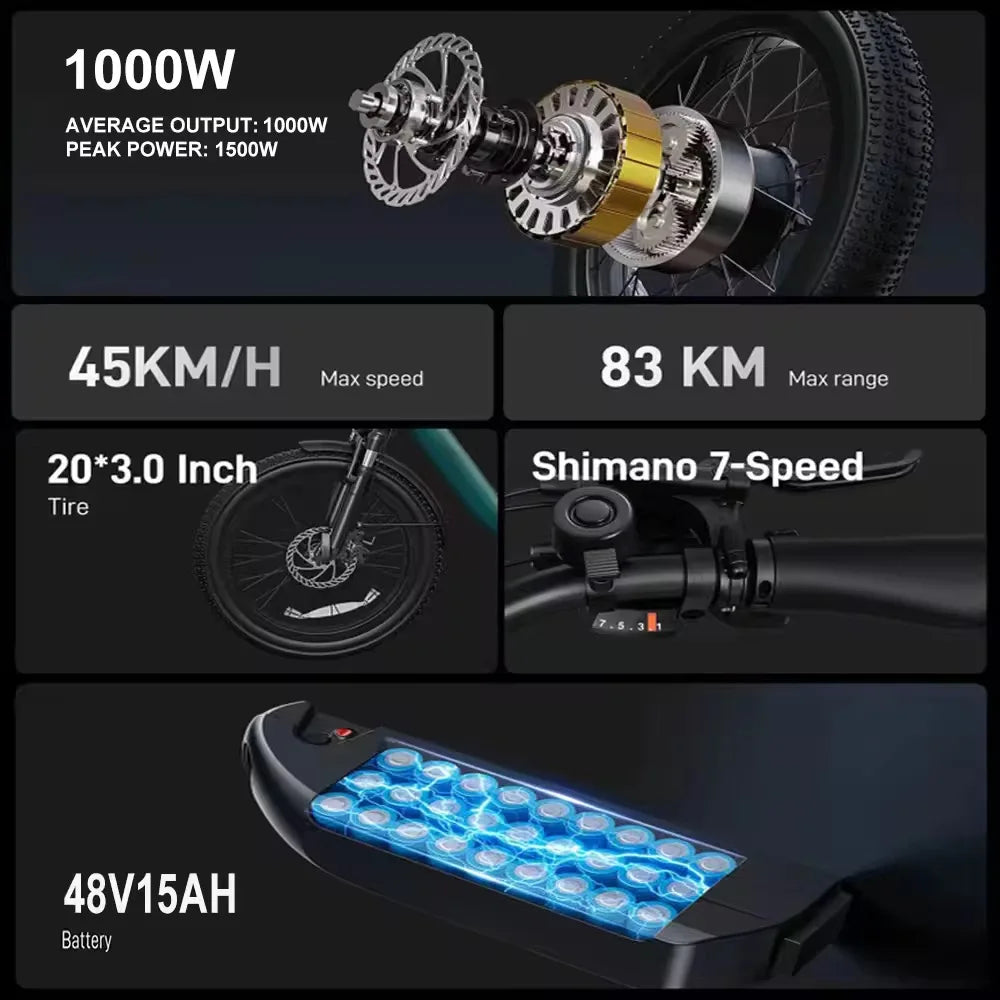 48V13AH detachable battery electric scooter, 20-inch foldable parent-child riding E-BIKE. , 1000W brushless motor electric bicyc