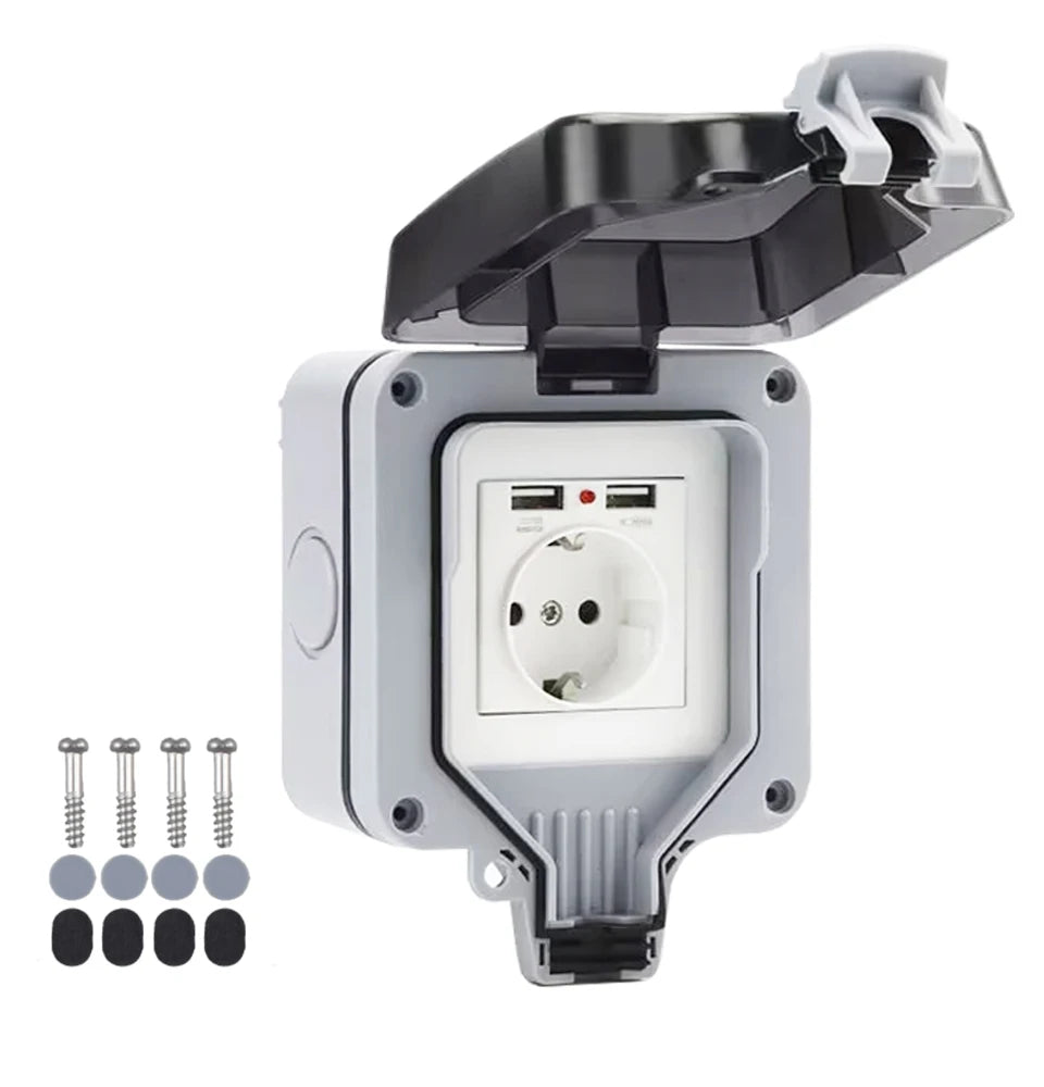Double EU Socket Power Supply Switch Socket 16A Outdoor Wall Power Socket With USB Charging for Home& Garden IP66 Weatherproof