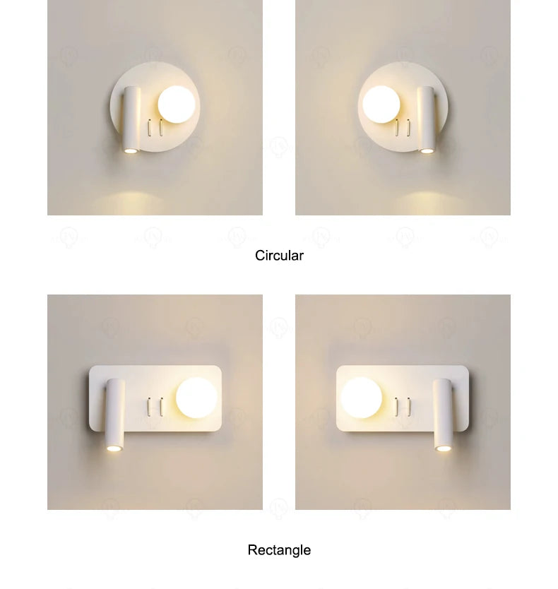 White wall lamp backlight 350 degree rotation adjustable wall lamp hotel bedroom bedside study reading desk lamp with switch