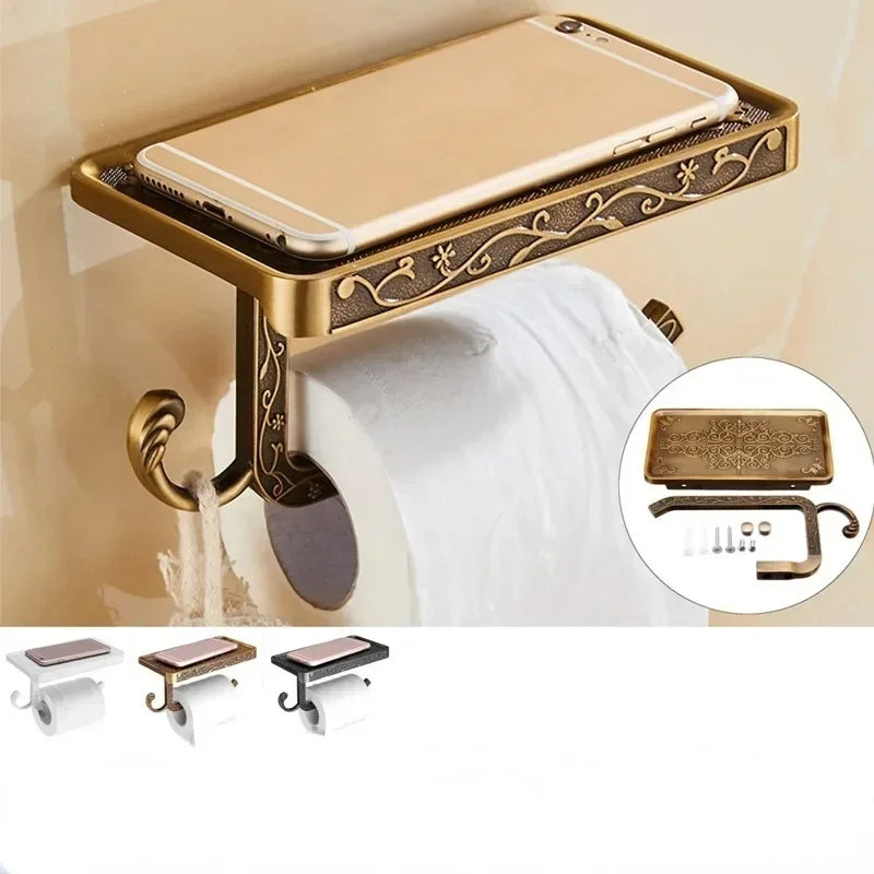1Pc Antique Carved Wall-Mounted Zinc Alloy Bathroom Mobile Phone Holder with Shelf  Towel Rack Toilet Tissue Paper Holder