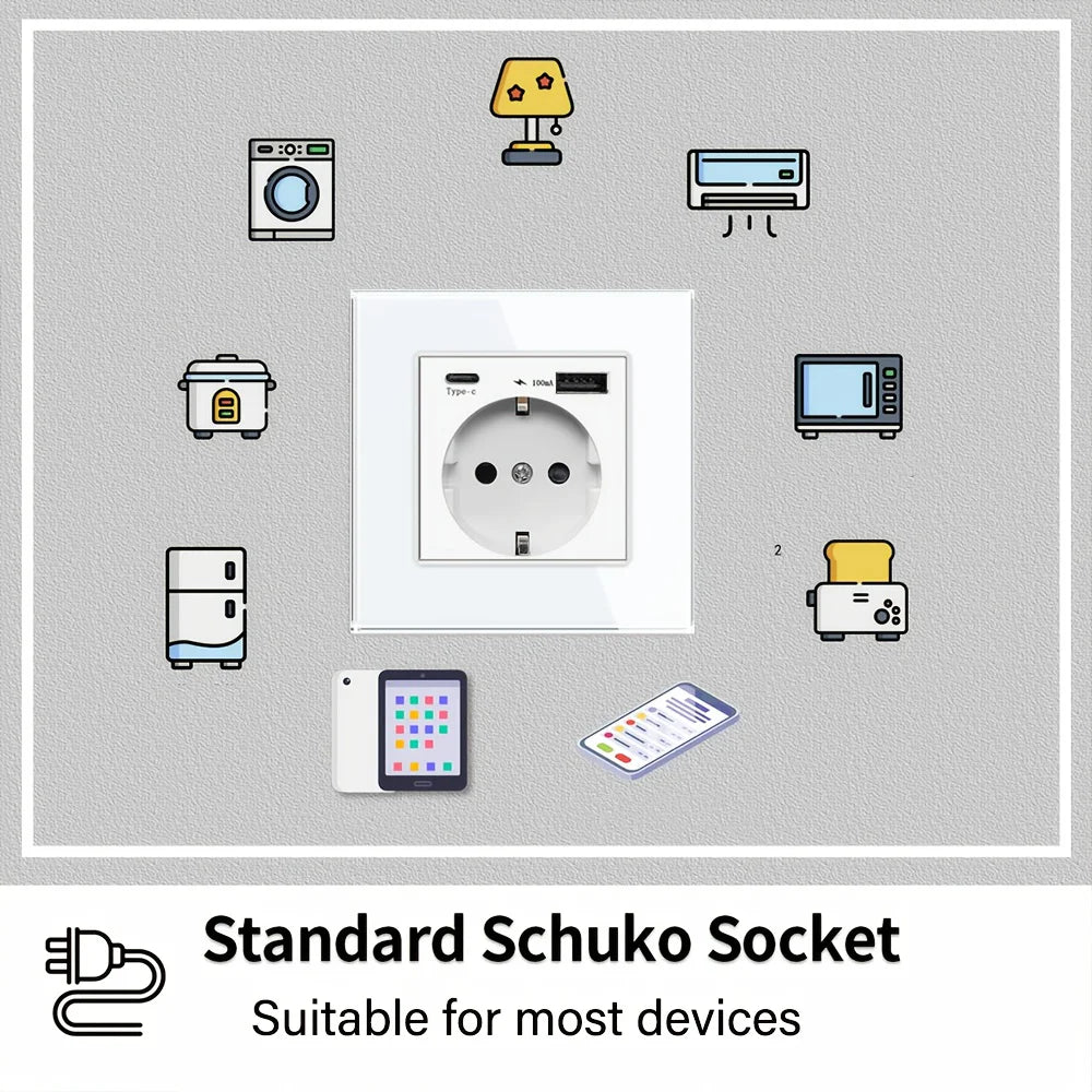 EU Standard Type-C USB Power Socket High-Quality Material Panels 16A Wall Embedded Electric Plug Outlet AC110V-250V Wall Socket