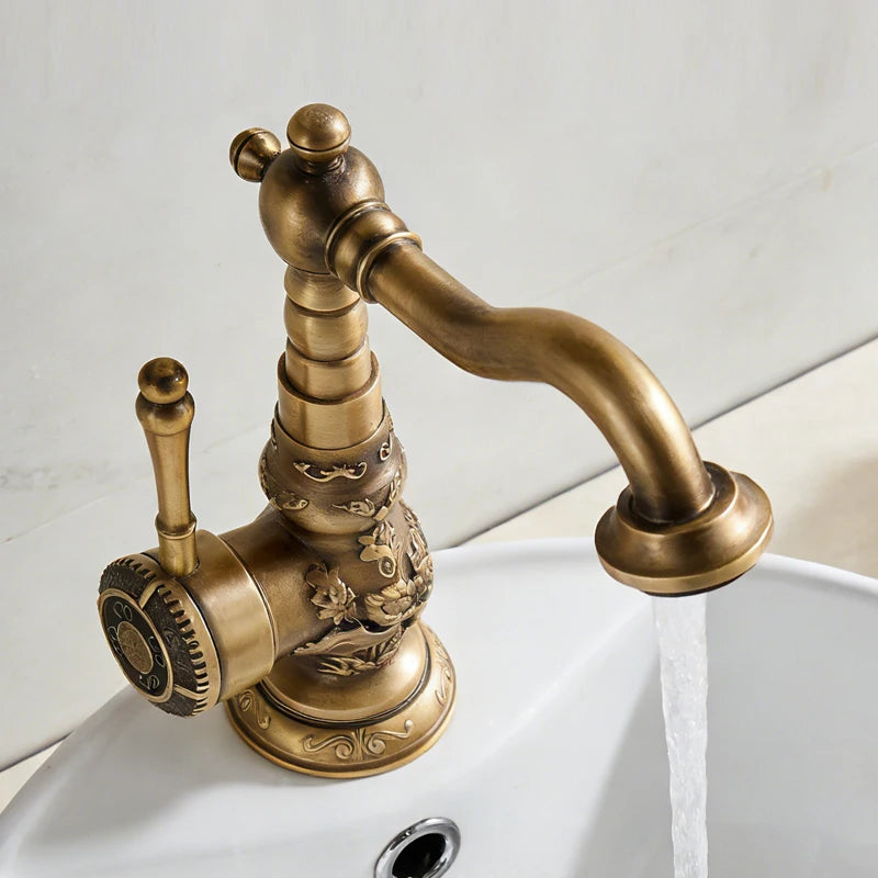 Luxury Antique Bronze Copper Carving Deck Mounted Kitchen Faucet Bathroom Basin Faucet Sink Faucet Mixer Hot and Cold Water Tap