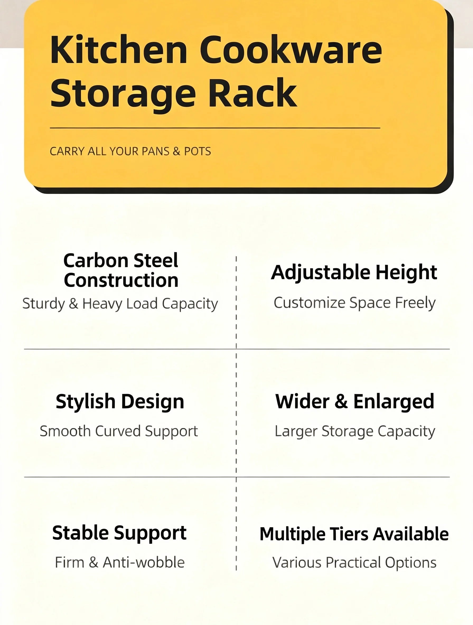 Adjustable Pot Rack Organizer, Kitchen Carbon Steel Pot Storage Rack, Multi-Layer Household Pot and Pan Organizer for Cabinet Un