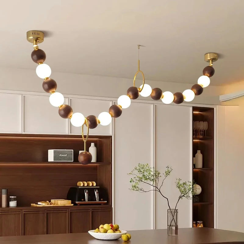 Postmodern White Lampshade Acrylic Walnut Wood LED Chandeliers lustre Adjustable Ceiling for Kitchen Island Decoration Dimmable