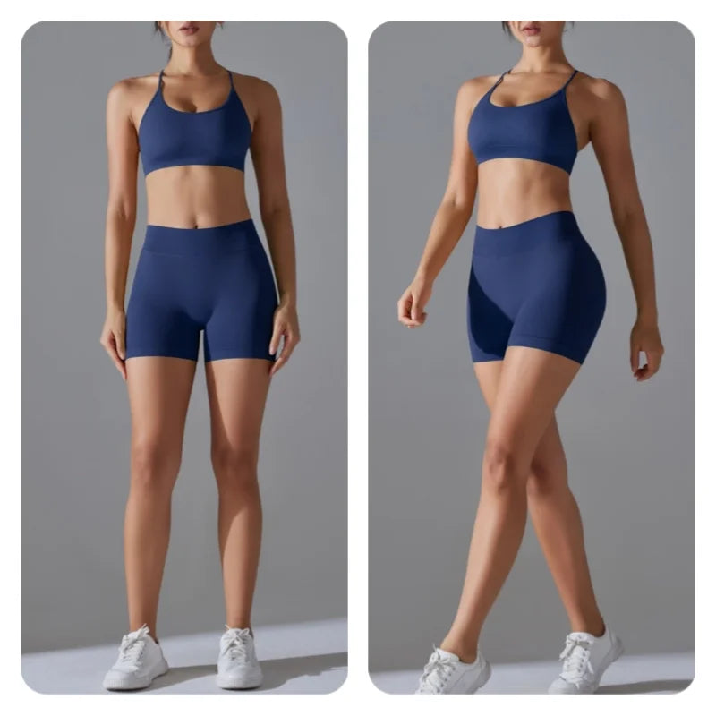 Women's Seamless Solid Color Cross Back High Elasticity Tight and Sexy Sports Bra Yoga Suit Set, Running and Fitness Two Pieces
