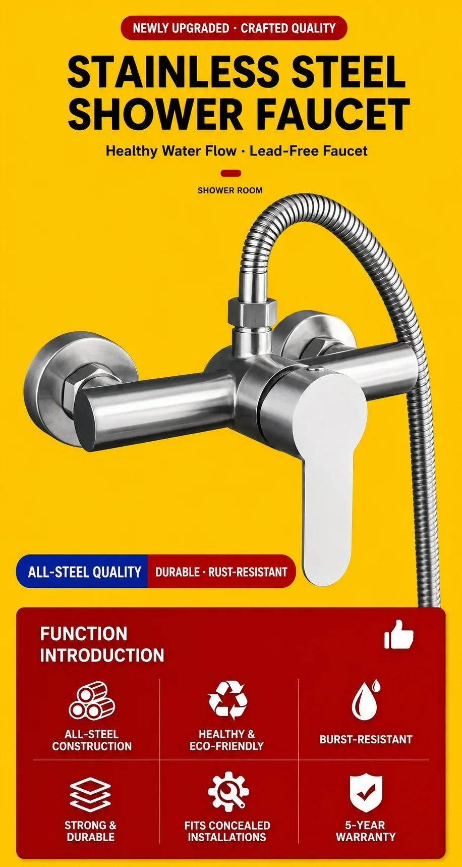 Stainless Steel Concealed Shower Mixer Valve Wall Mount Hot Cold Water Mixing Tap for Bathroom