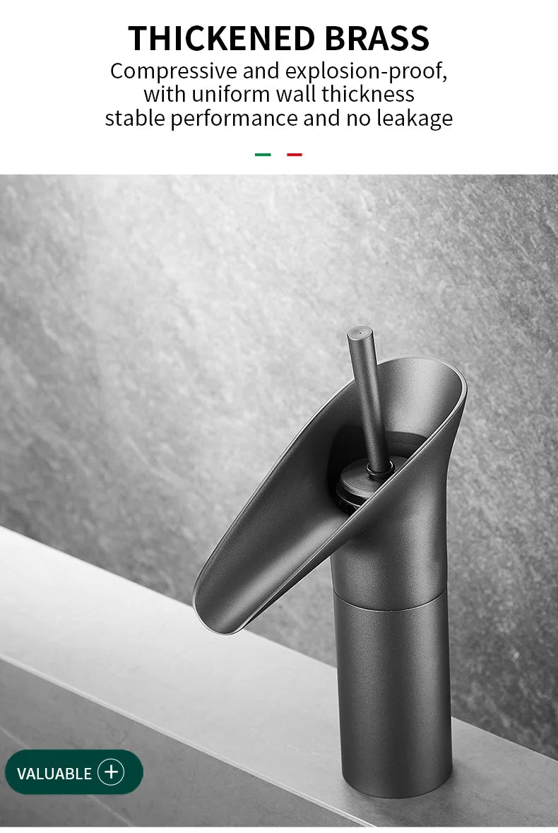 Bathroom Basin Faucet Sink Mixer Gun Grey Color Hot Cold Water Mixer Deak Mounted Waterfall Style Copper Sink Taps FR651