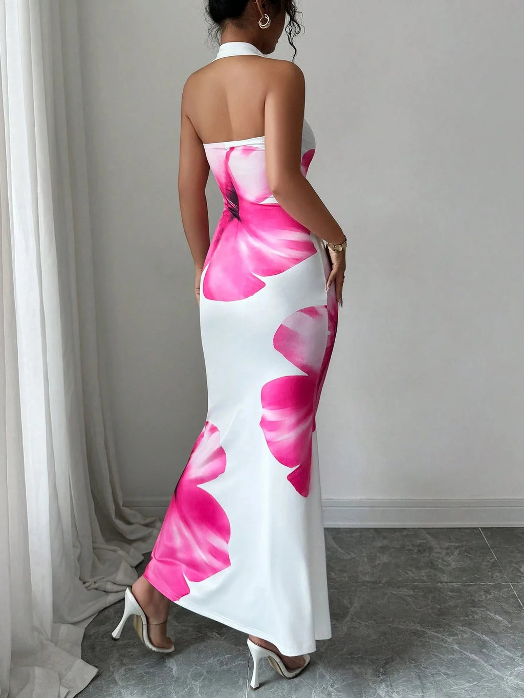 Women's 2026 New Popular Neck Halter Long Dress Hip-wrapped Printed Dress White Dress Birthday Dress for Women Summer Dress