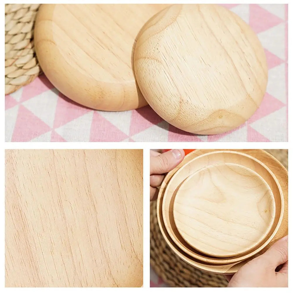 Rubber Wood Eco-Friendly Hand-made Round Kitchen Supplies Unbreakable Snack Plate Wood Plate Tea Tray Dessert Plate
