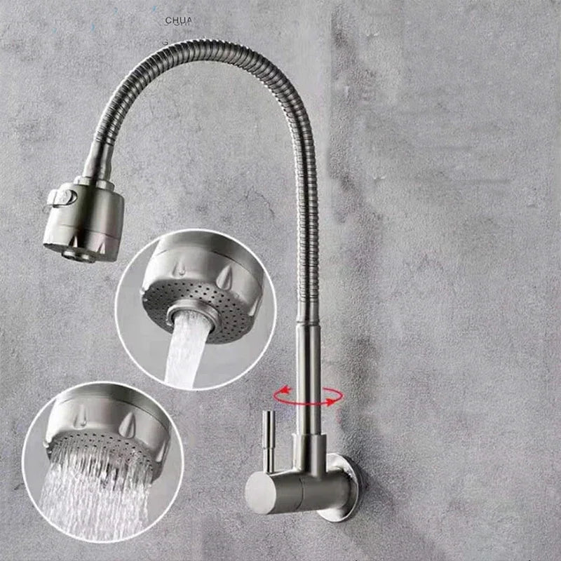 Wall Mounted Stainless Steel Single Cold Water Faucet Universal Rotation for Garden Balcony Washbasin Mop Pool Outdoor Use