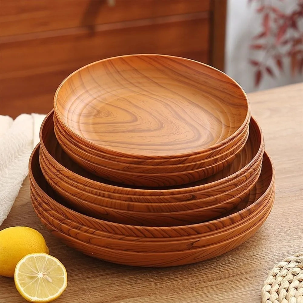 Kitchen Accessories Plastic Wood-Grain Round Tray Imitation Wood Multi-Purpose Tea Tray Dinner Plates Tea Coffee