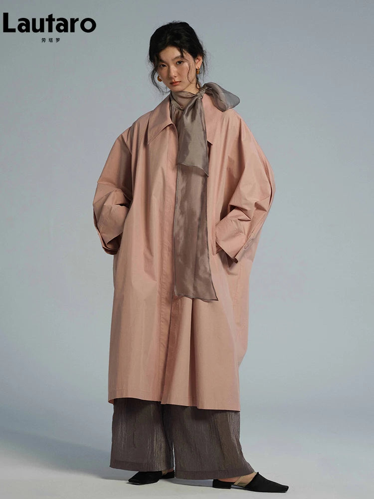 Lautaro Spring Autumn Long Oversized Thin Pink Trench Coat for Women Single Breasted Elegant Chic Luxury Designer Clothing 2026