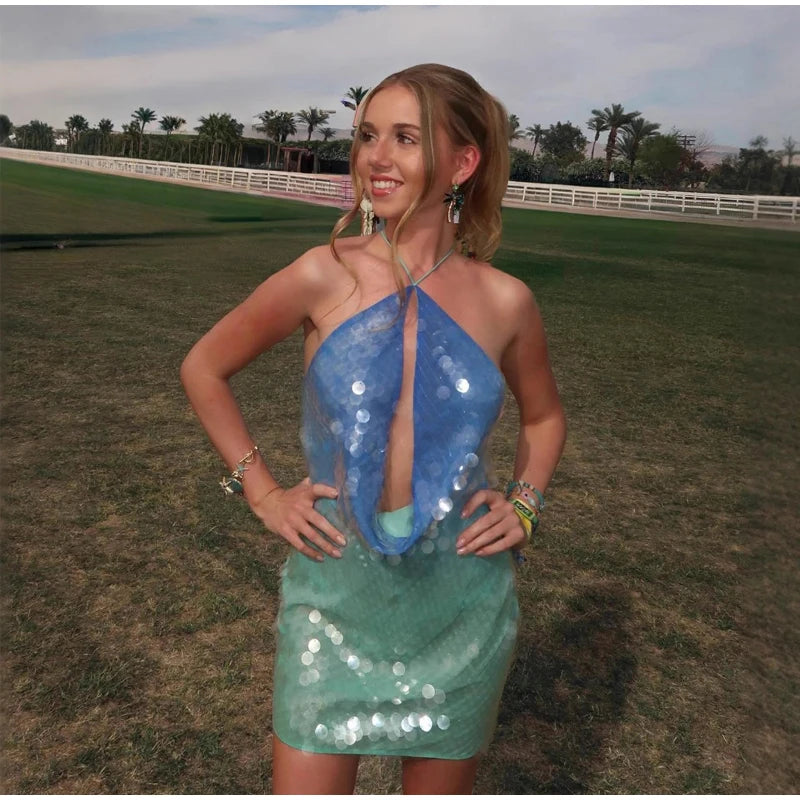 Women's 2026 Light Blue Halter Sequin Dress Sleeveless Loose Large Sequin A-Line Mini Dress Summer Evening Party Shining Gown