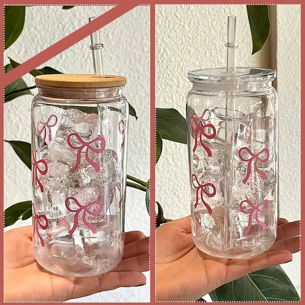 500ml Pink Bow Plastic Cups With Lids And Straws Reusable Bow Aesthetic Cup For Drinking Coffee Tea Cocktail For Party Support